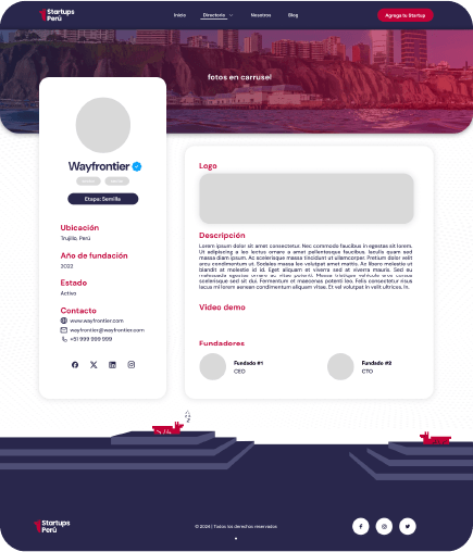 Perfil de una startup con su información, contacto y fundadores